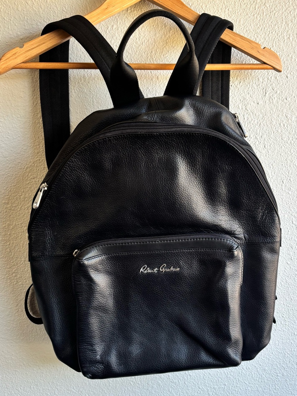 Robert Graham Black Pebbled Leather Backpack with Front Zip Pocket